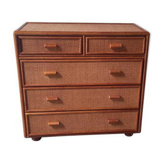 Commode 5 tiroirs bois et cannage années 80