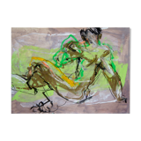 Dessin sur papier encadré personnage vert et brun