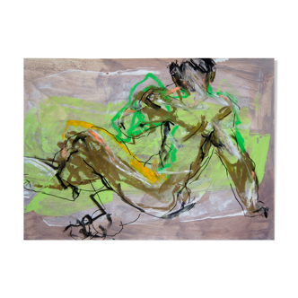 A drawing on paper framed green and brown figure