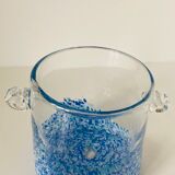 Cylindrical vase with handles in colorless glass splashed with blue and white in the lower part