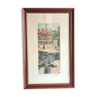 Framed etching, signed