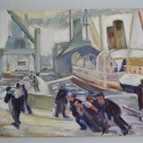 The port, the docks, unloading, dockers, painting signed 20th century HSP