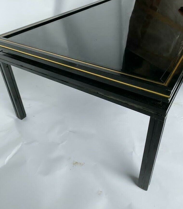 Coffee table laque Pierre Vandel 1980 metal black glass smokes