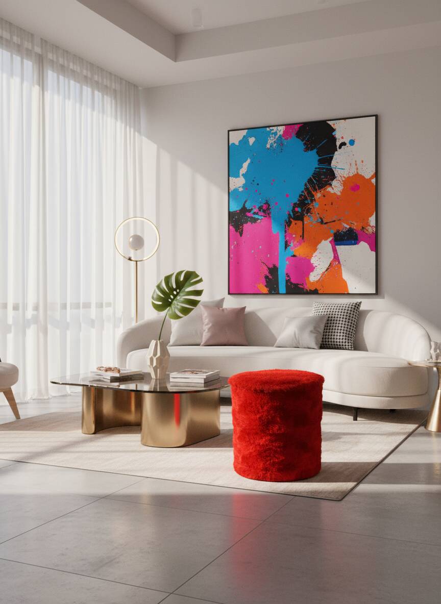 Pouf vintage coffre Space Age en fourrure rouge – 1970