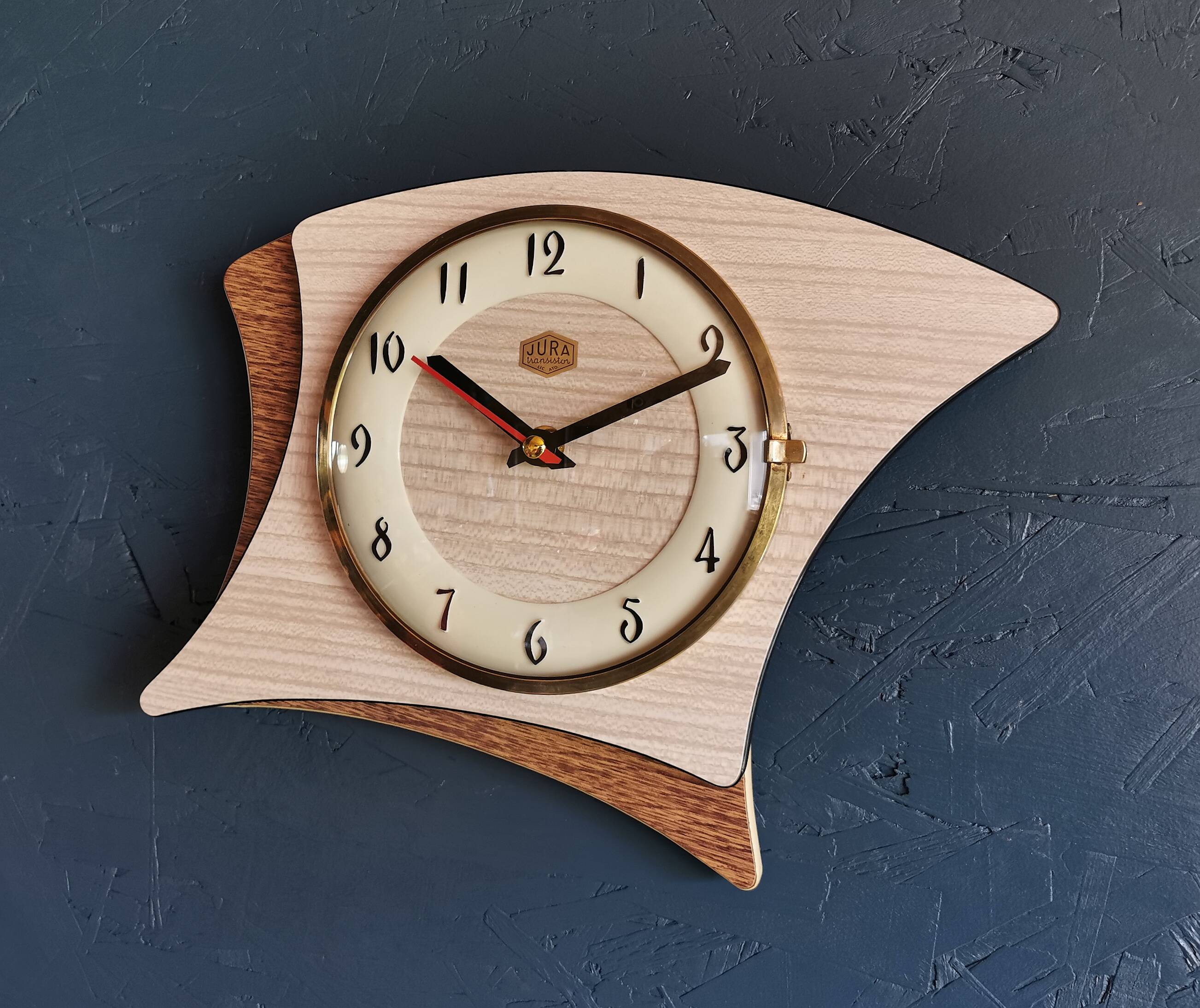 Vintage formica clock silent asymmetrical wall pendulum "Jura bois"
