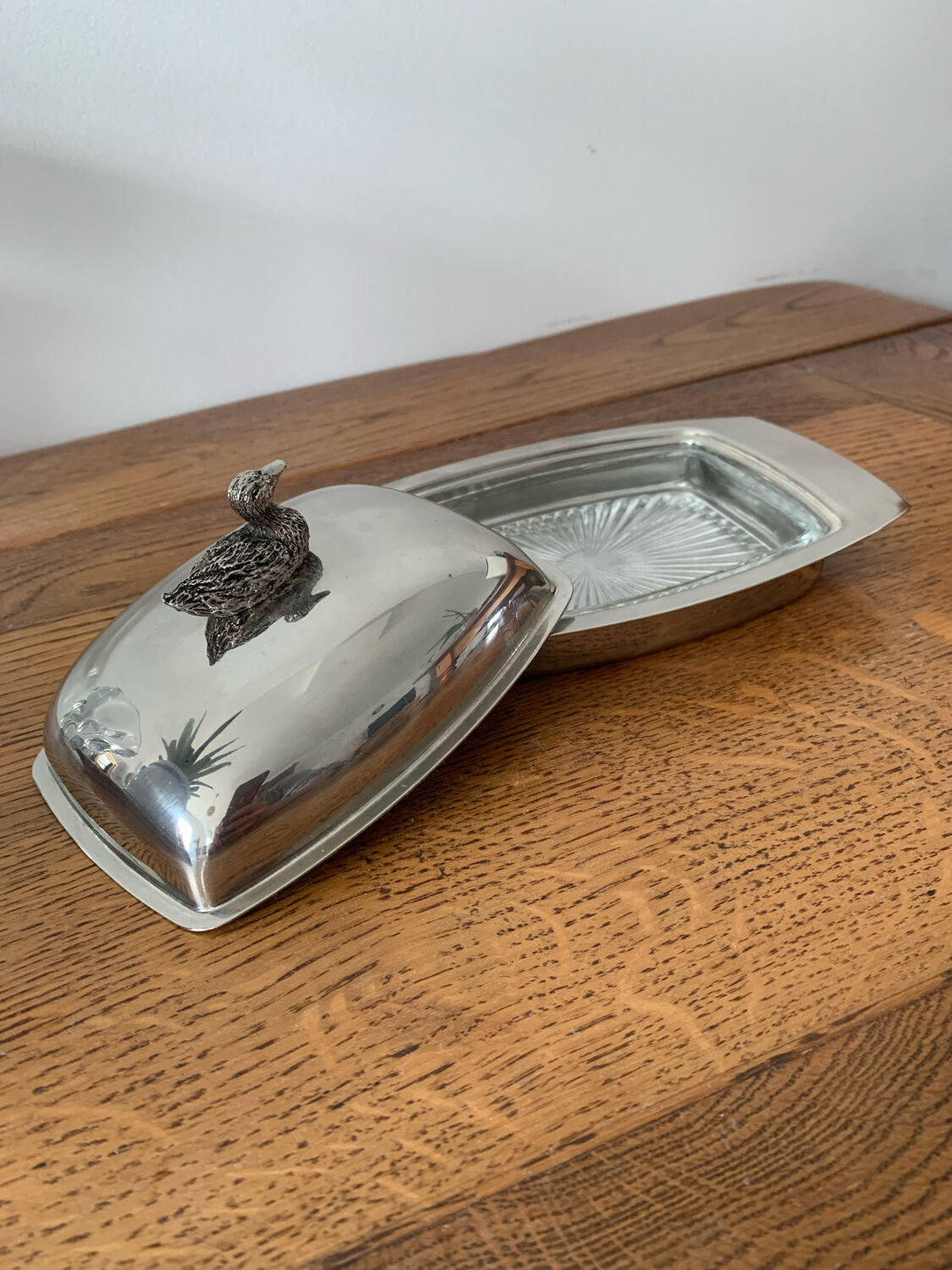 Silver metal butter dish