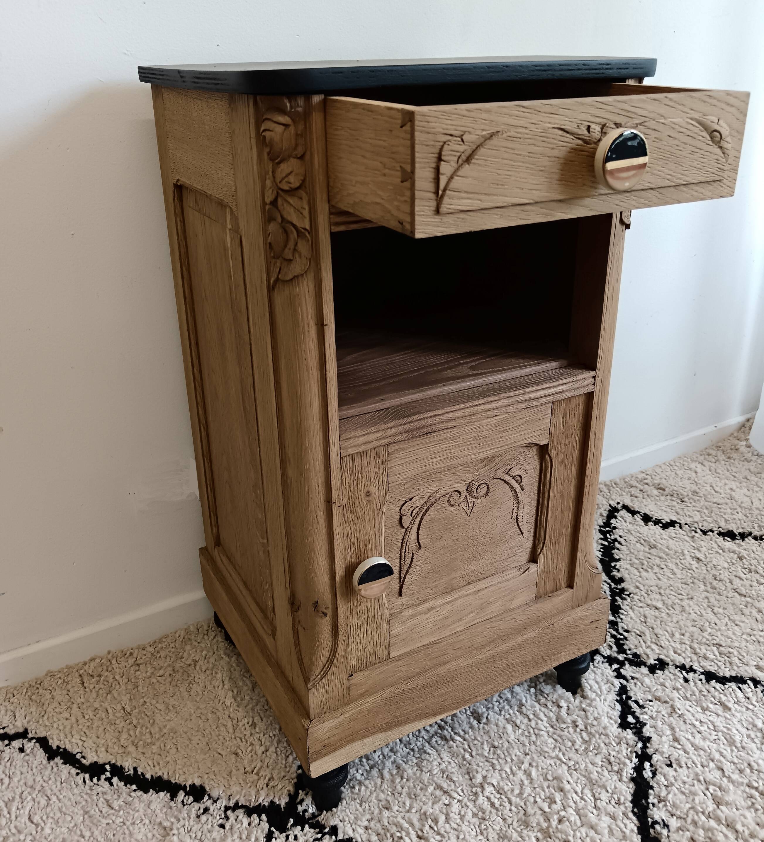 Bedside table in solid black oak and natural Art Deco wood