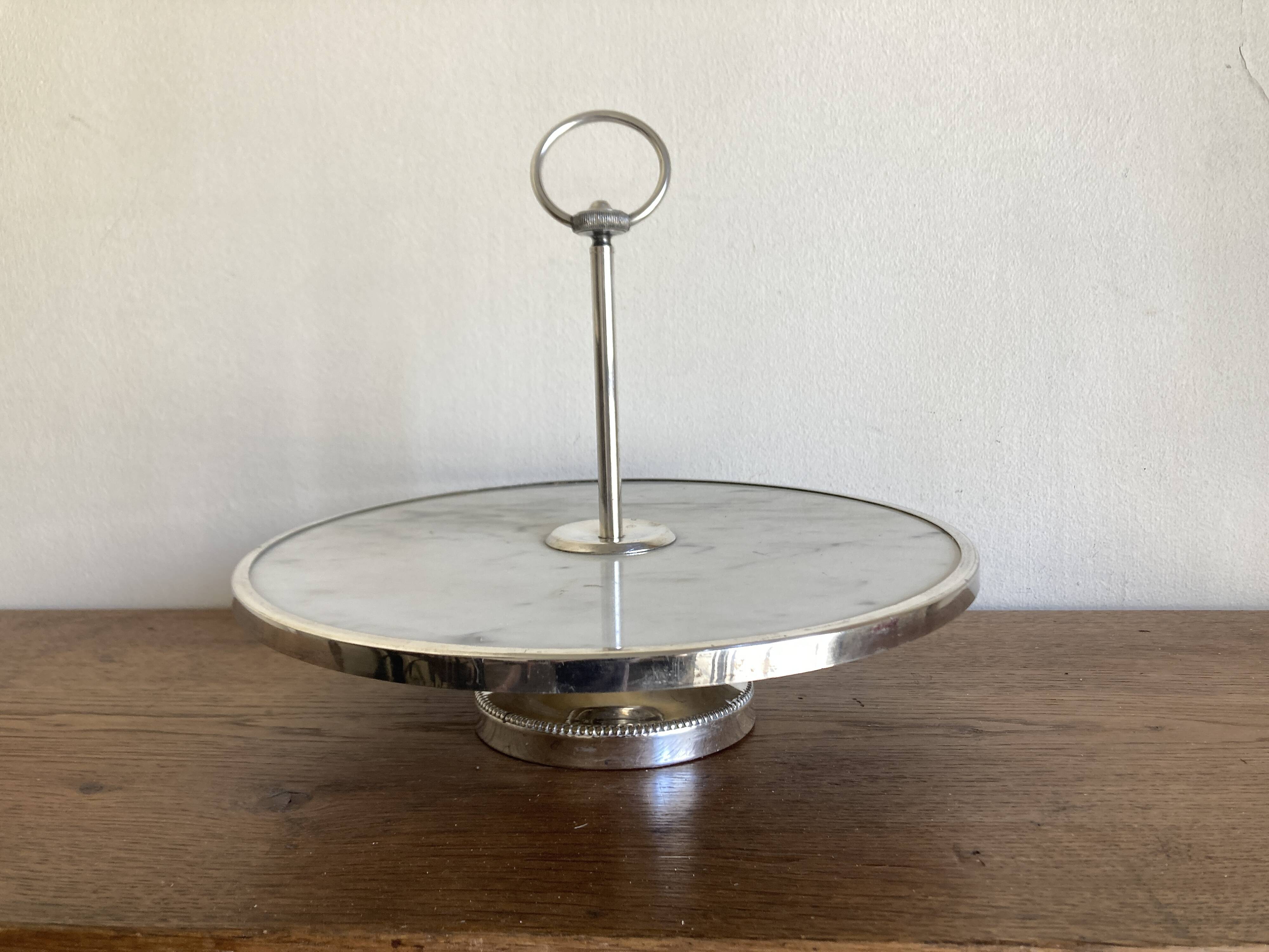 Silver-plated rotating platter and white marble pastry stand 1960 neoclassical