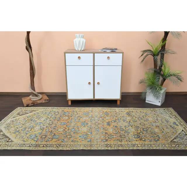 Vintage Turkish Hand-Knotted Wool Cotton Orange Runner Rug 110x270