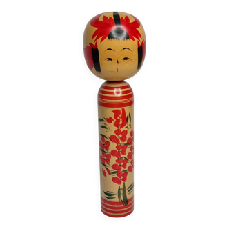 Traditional Japanese Kokeshi Doll Signed Hand Painted with Flower Decor, 31cm