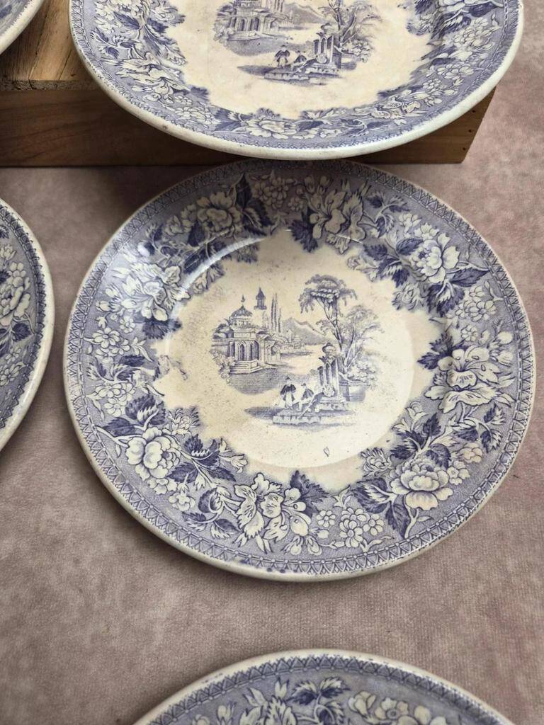 Set of 8 antique English dessert plates by J. Marshall & Co Bosphorus purple earthenware 19th century.