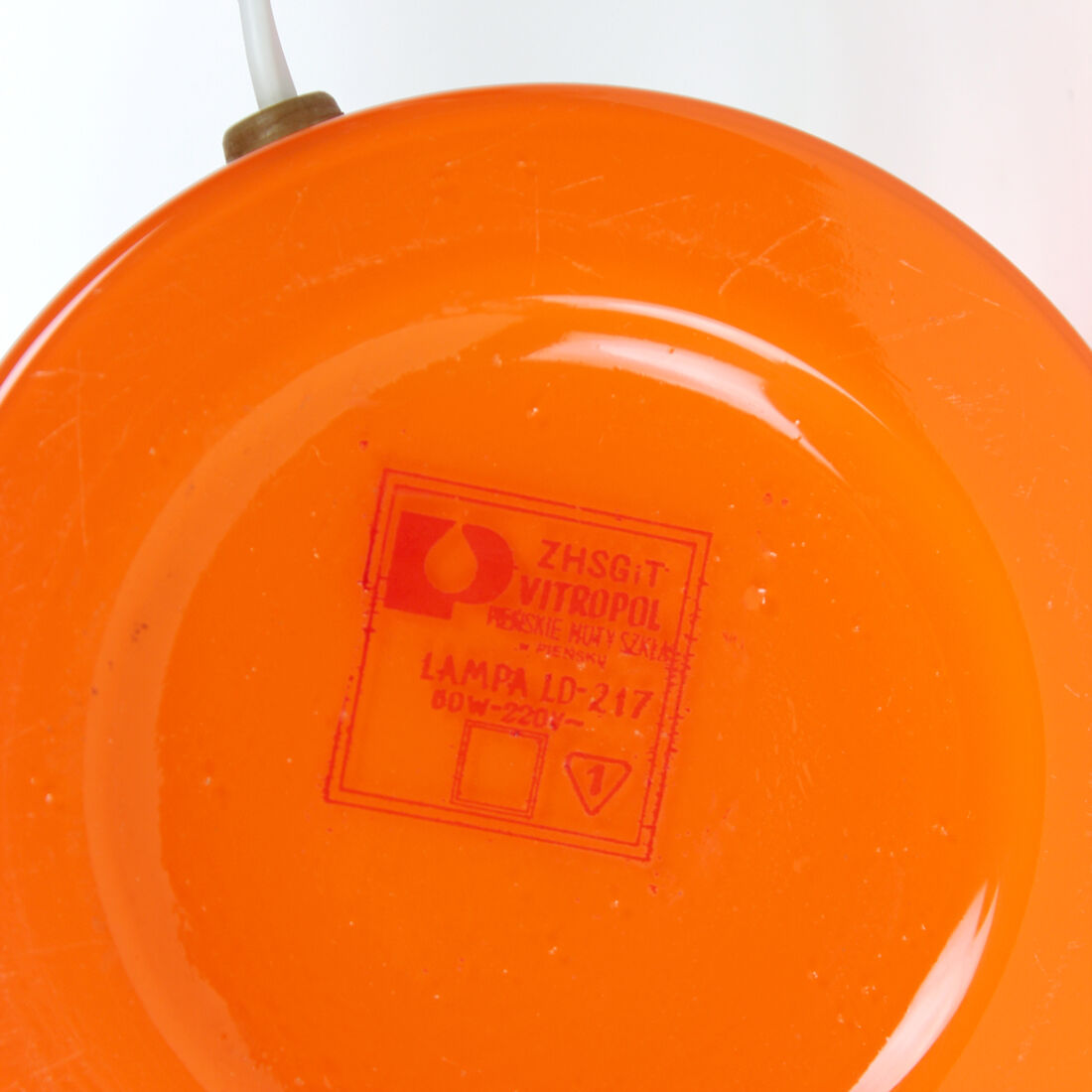 Orange glass table lamp by vitropol, poland 1960s