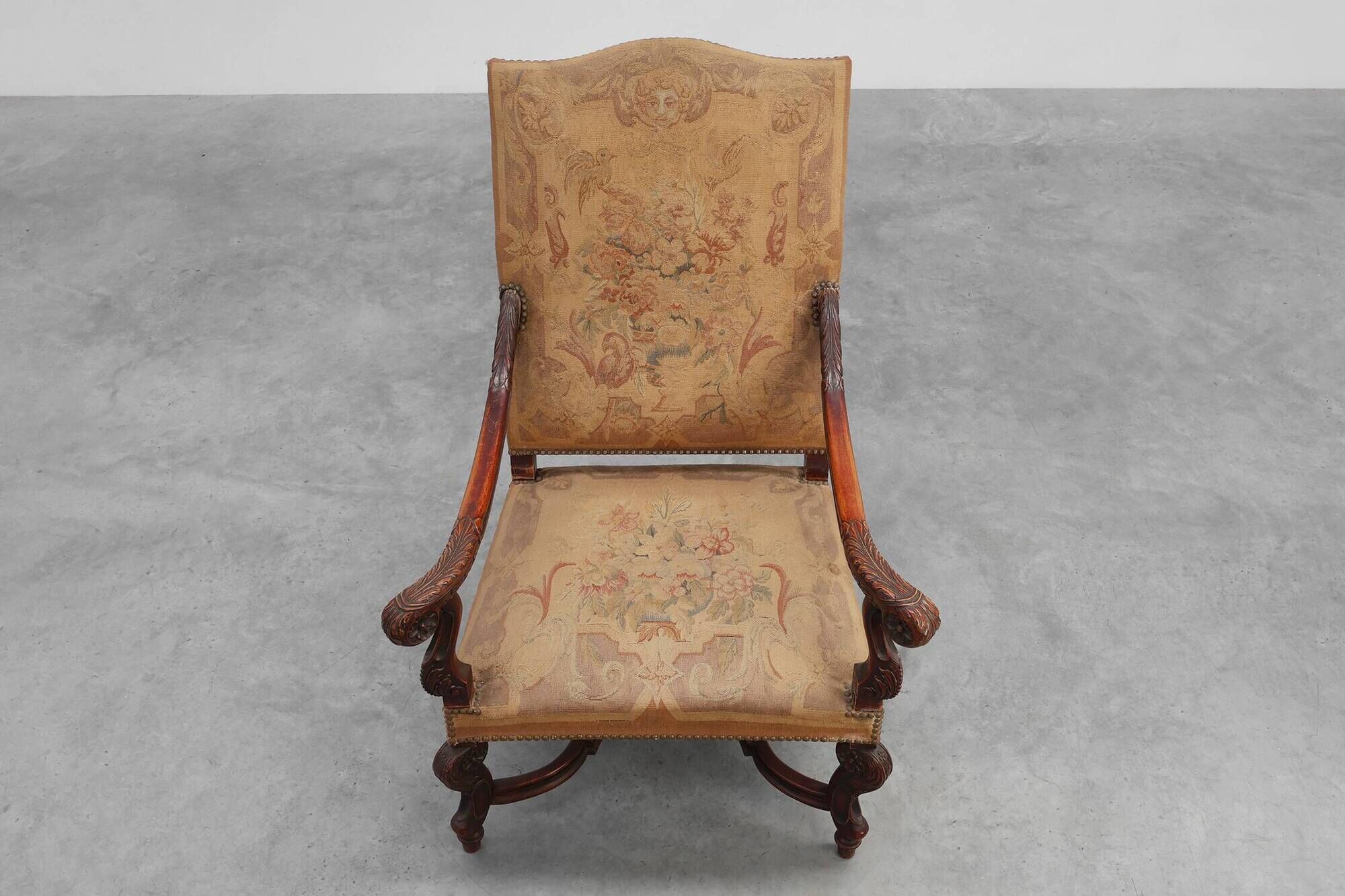 Louis XV Style Carved Walnut Armchair with Needlepoint Upholstery, France