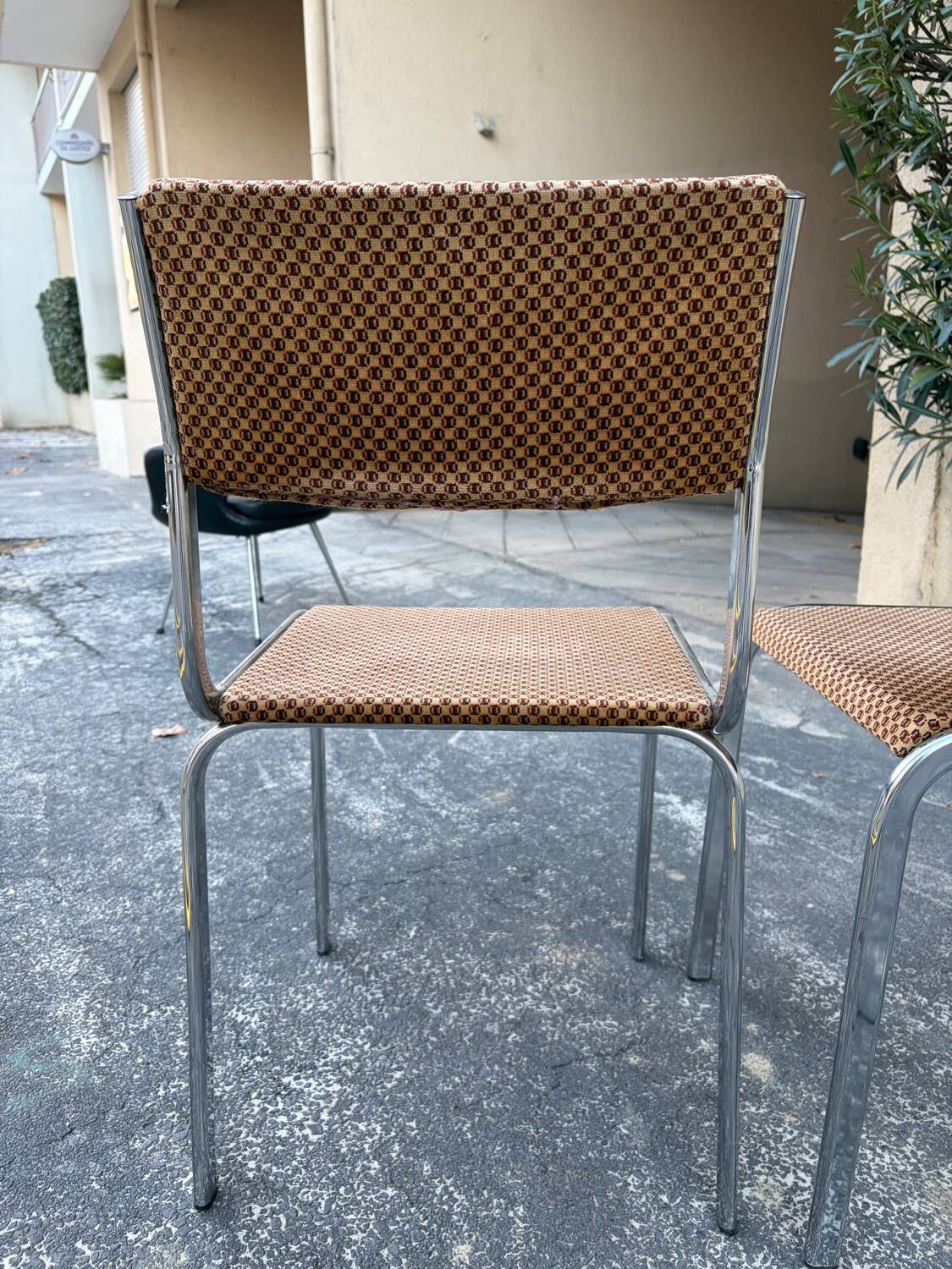 Pair of vintage velvet patterned chairs/steel from the 70s.