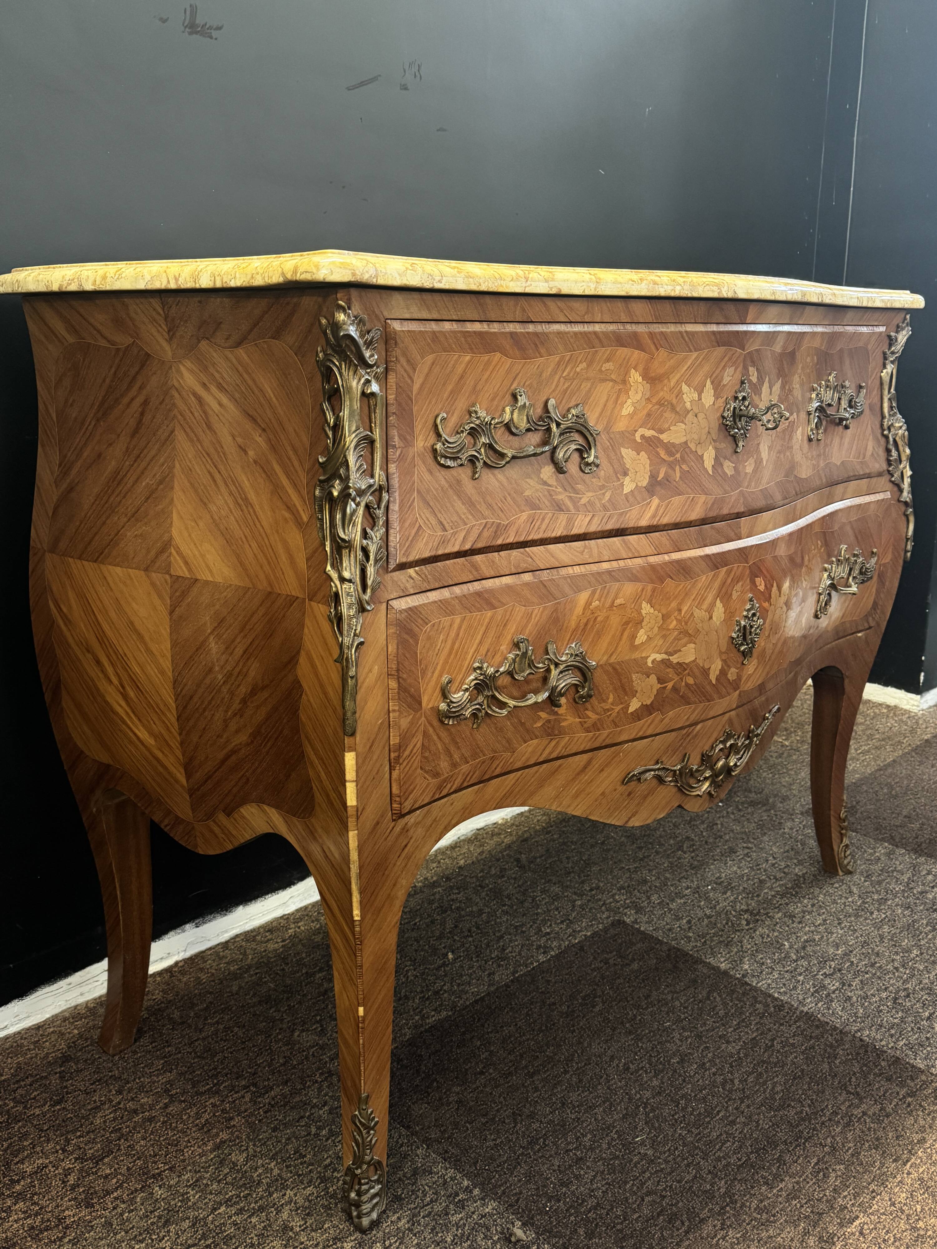 Curved marquetry commode – marble top