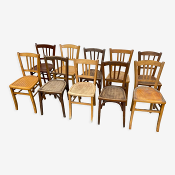 Set of 10 mismatched bistrot chairs