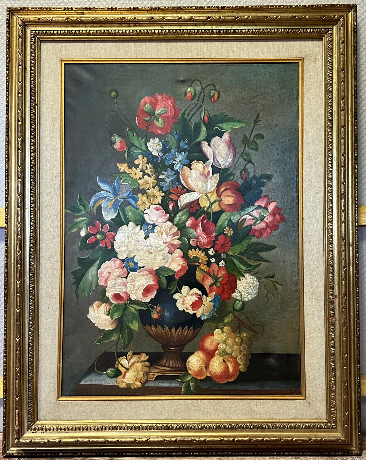 Vintage painting oil on canvas still life with flowers circa 1970