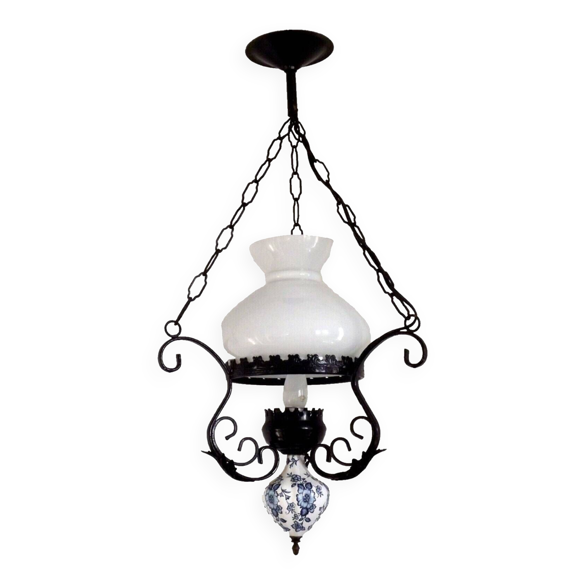 French country lantern ceiling light blue floral finial opaque glass shade 4521