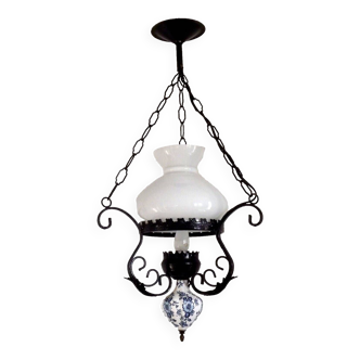 French country lantern ceiling light blue floral finial opaque glass shade 4521