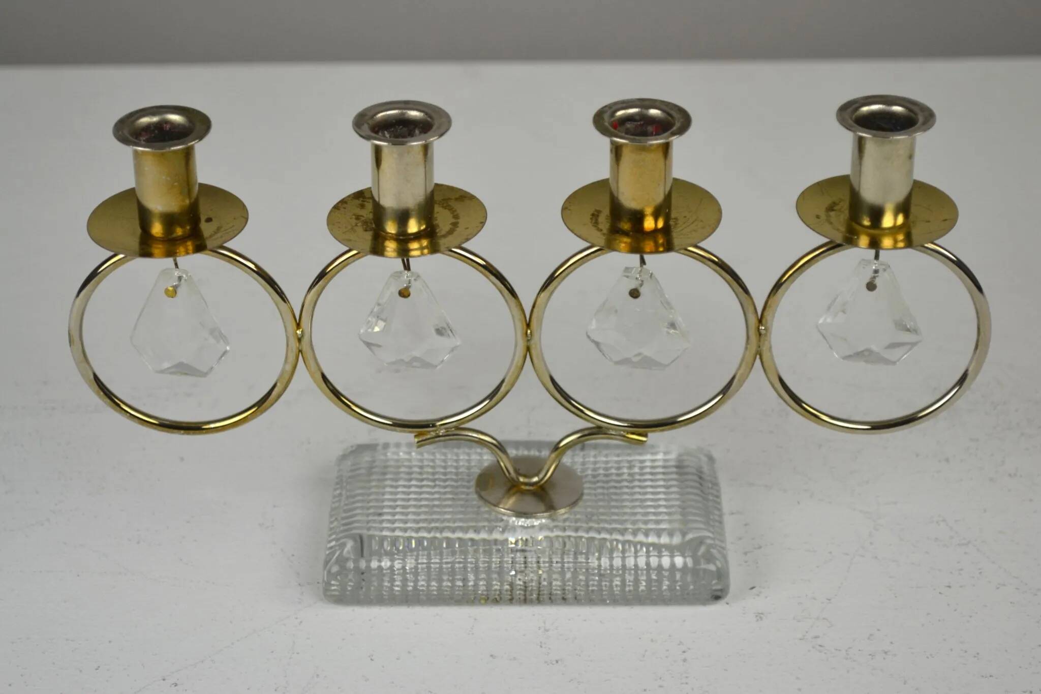 Brass Candelabra with Art Glass Base and Glass Prisms by Gunnar Ander for Ystad-Metall, Sweden, 1950s