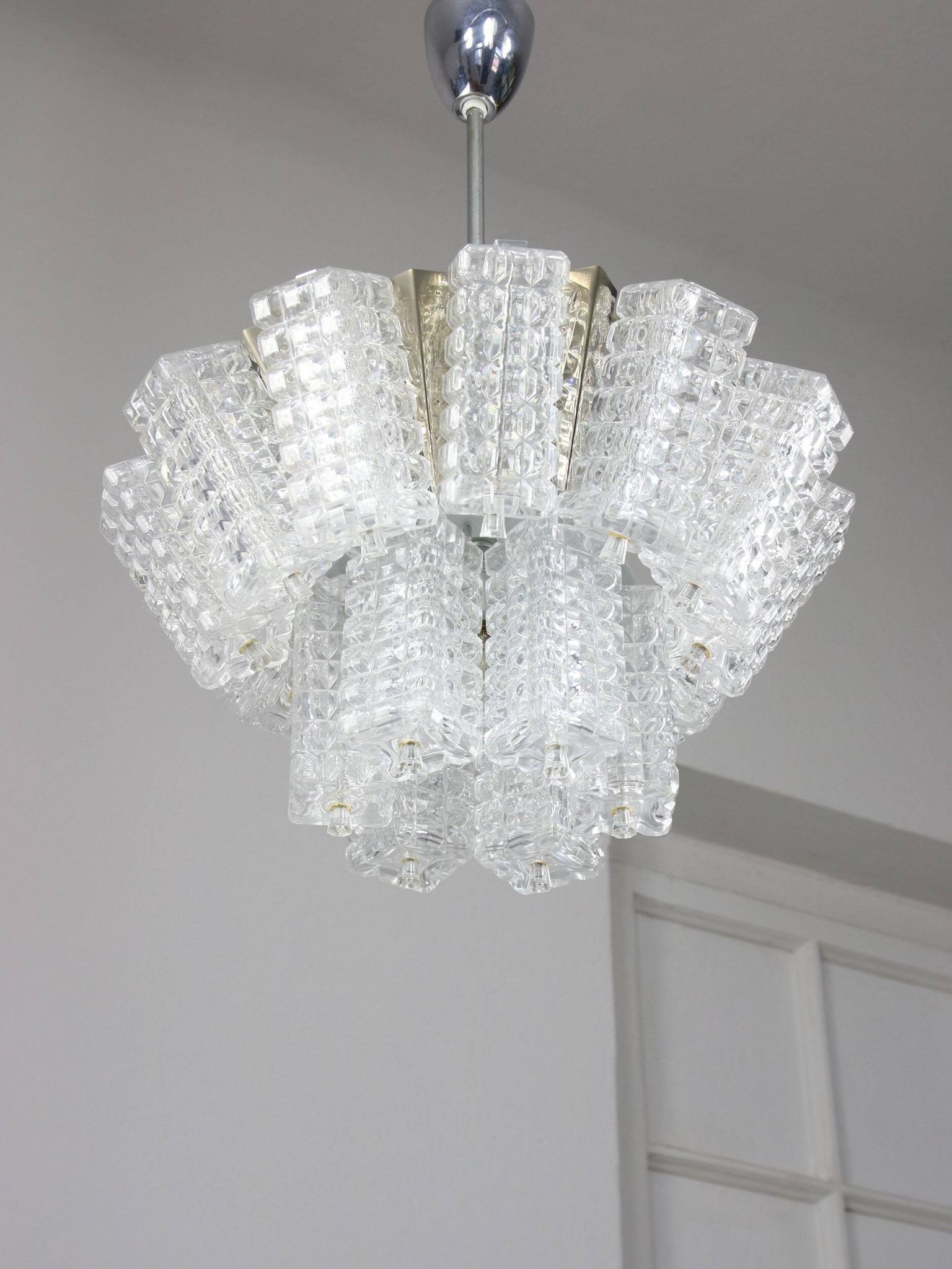 Vintage Austrolux Glass Chandelier: Mid-Century Chrome Pendant Light