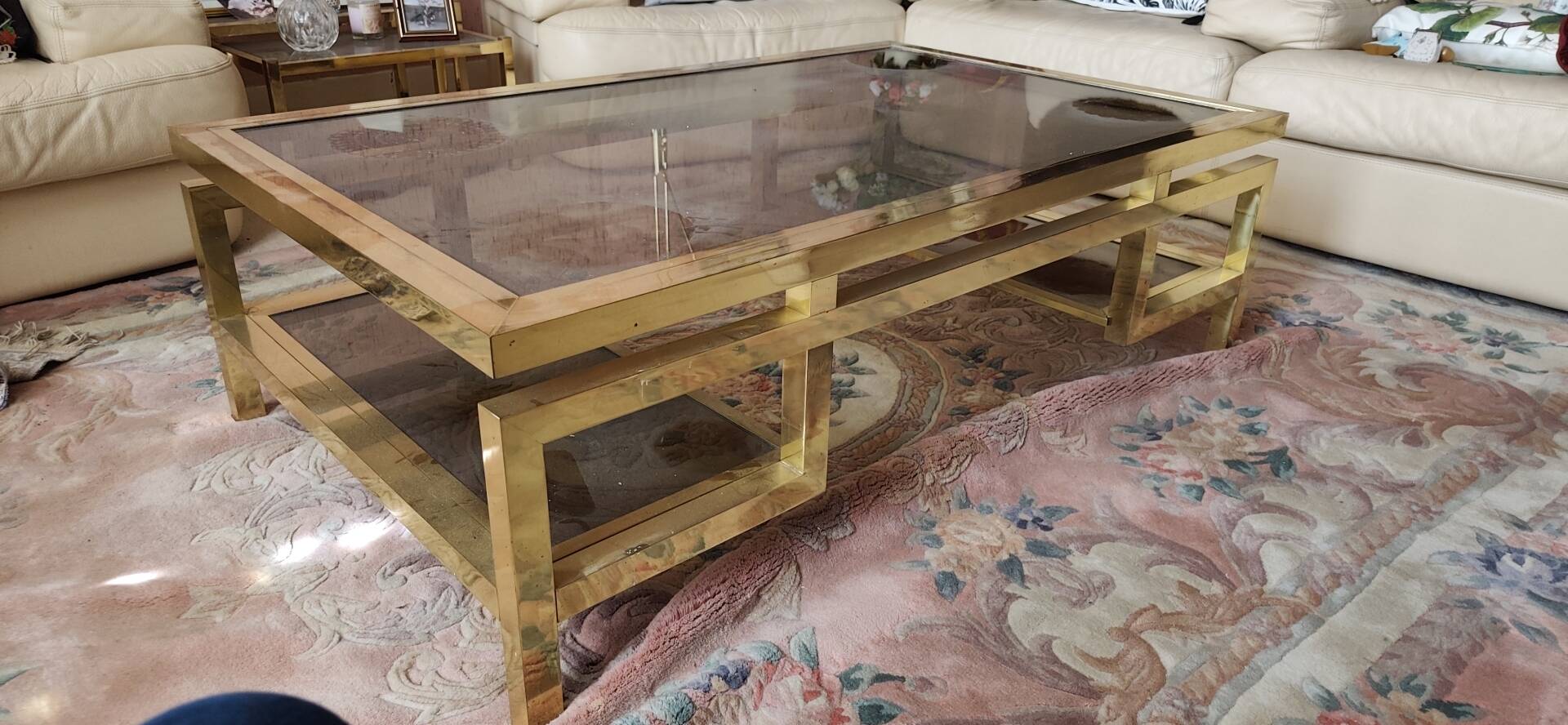 Brass Coffee Table with Smoked Glass Tops. French Work of