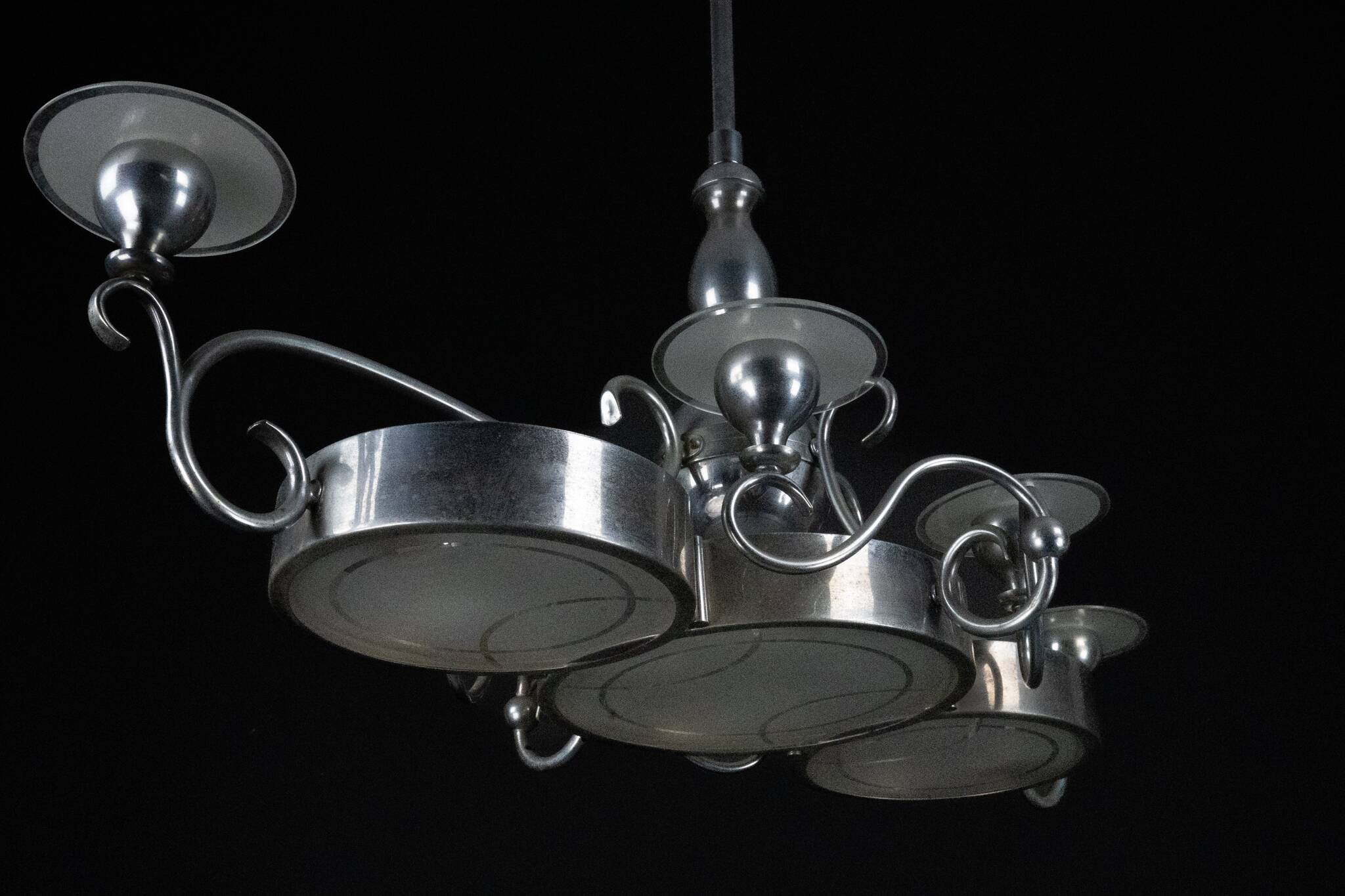 Art Deco Italian Chandelier in Nickel Brass and Frosted Glass, 1930s