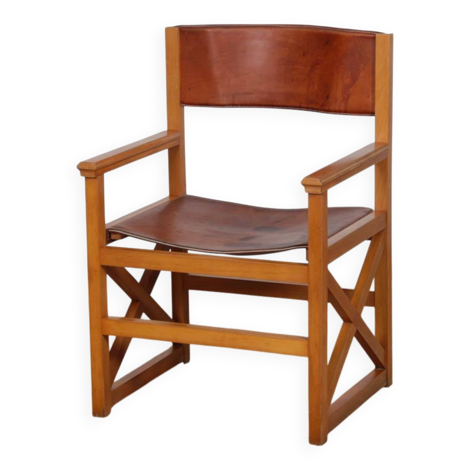 Vintage bridge chair in solid wood and leather, 1980