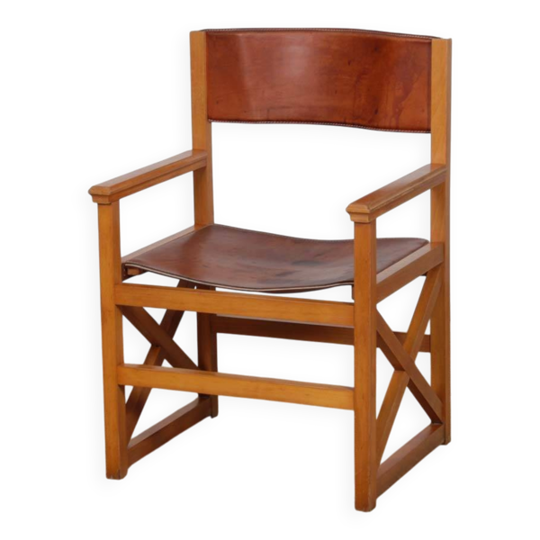 Fauteuil bridge vintage en bois massif et cuir, 1980