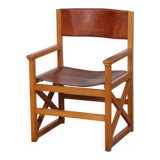 Vintage bridge chair in solid wood and leather, 1980