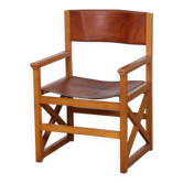 Fauteuil bridge vintage en bois massif et cuir, 1980