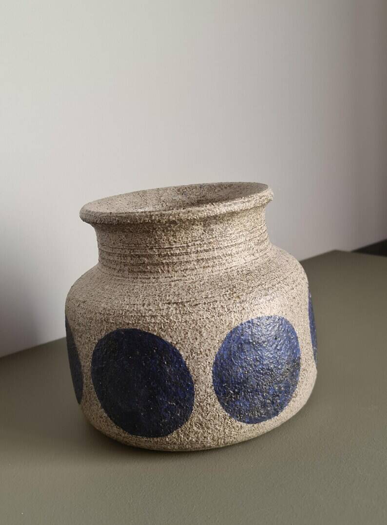 Mid-century modern stoneware vase with cobalt blue dots.