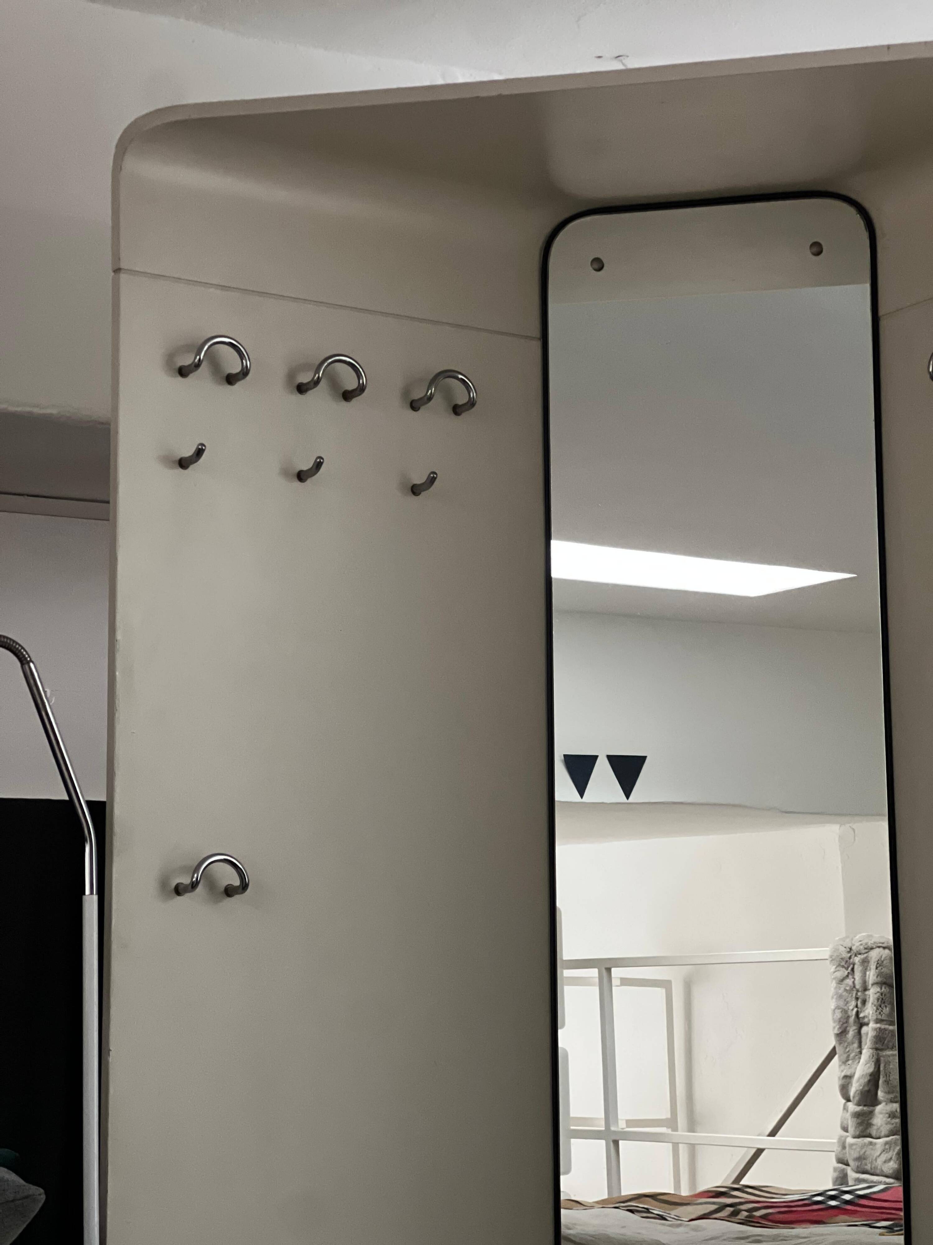 1960s Mid-Century Modern White Wood Corner Coat Hanger with Mirror