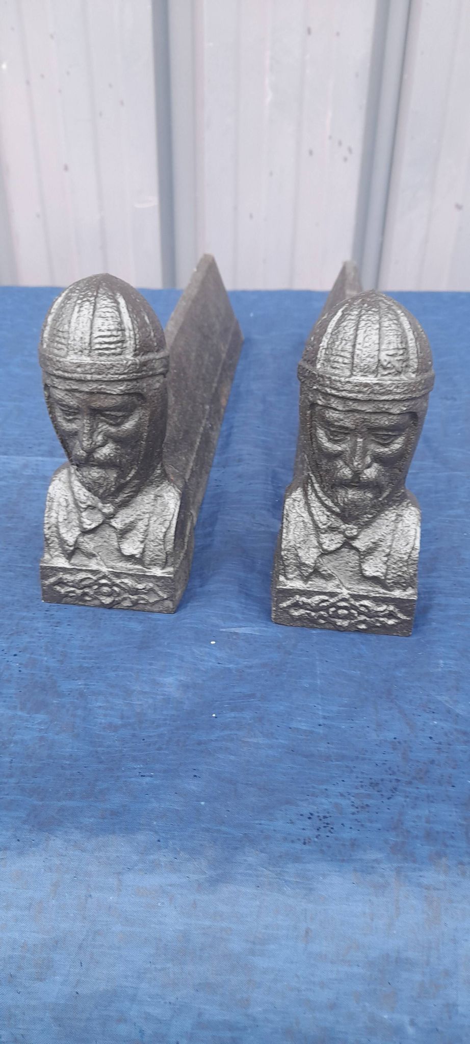 Pair of cast iron andirons with Templar heads
