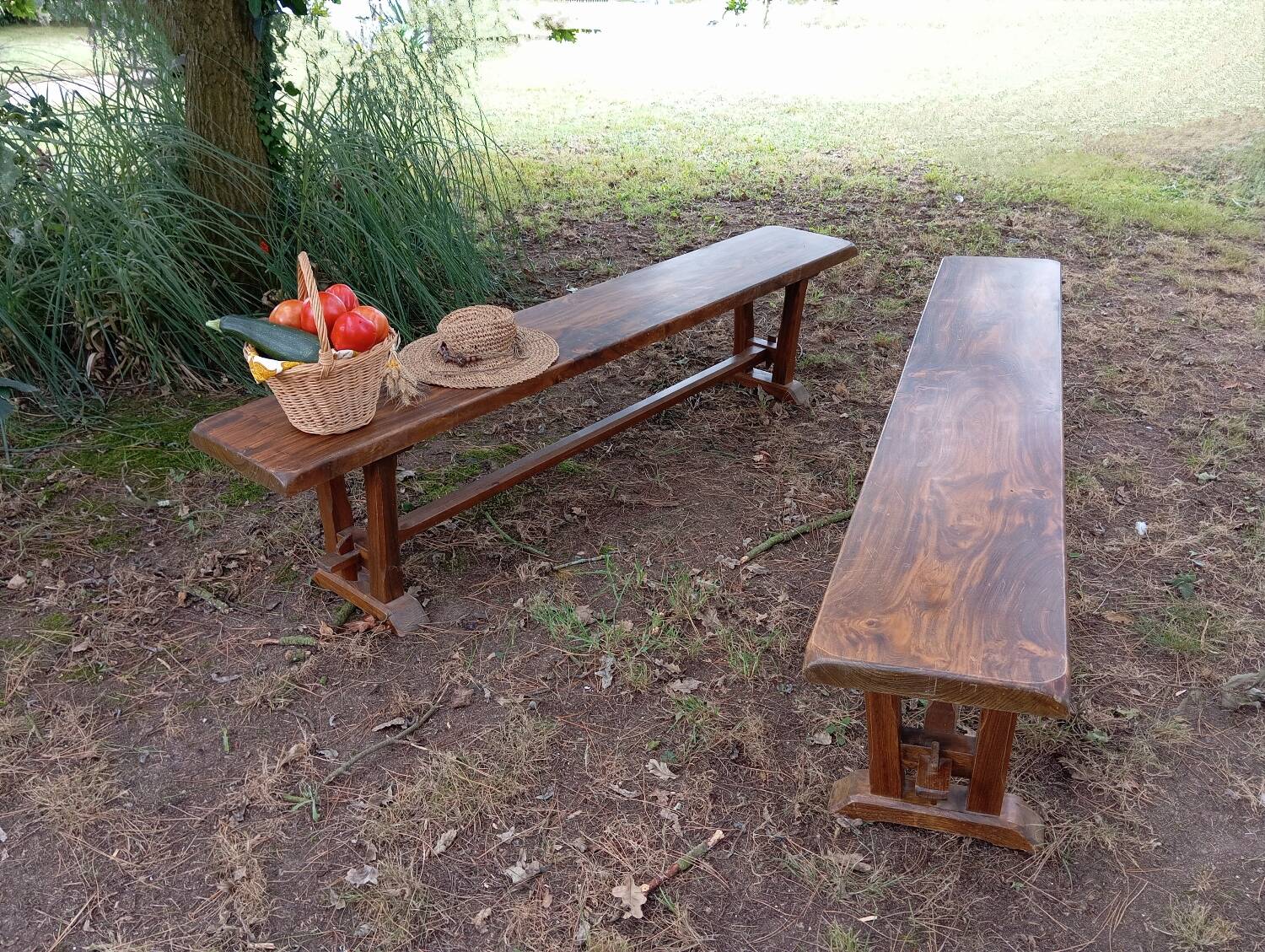 Pair of solid cherry wood farmhouse benches, 1950/60
