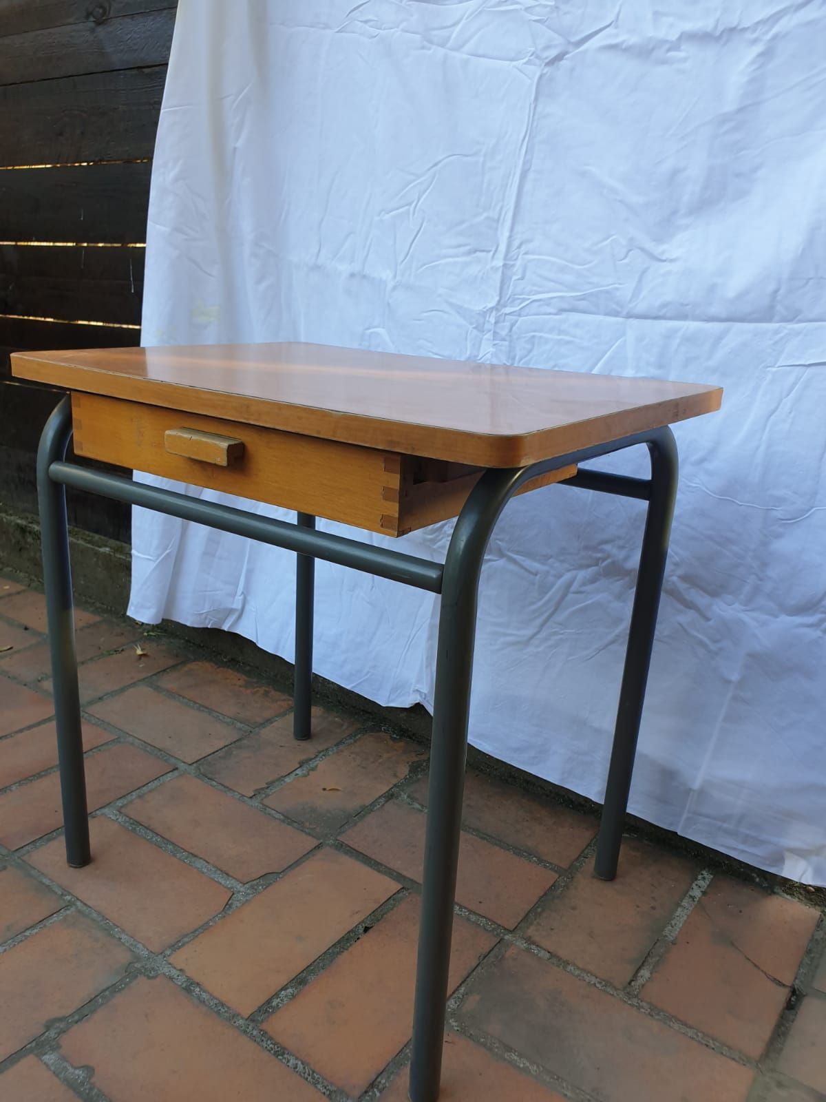 Formica tray desk set with drawer and vintage school chair for children