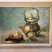 Tableau nature morte au couteau sur carton signé