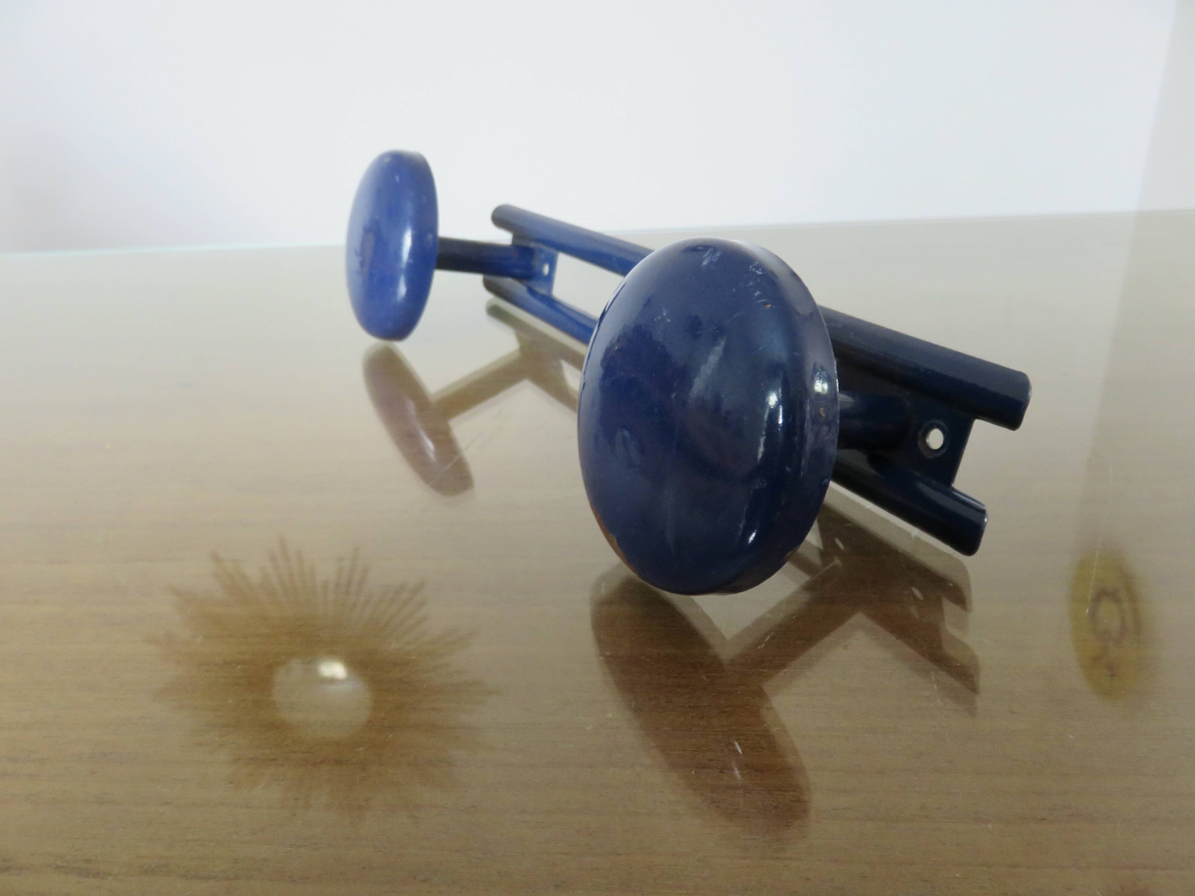 Blue lacquered metal wall coat rack, 1970