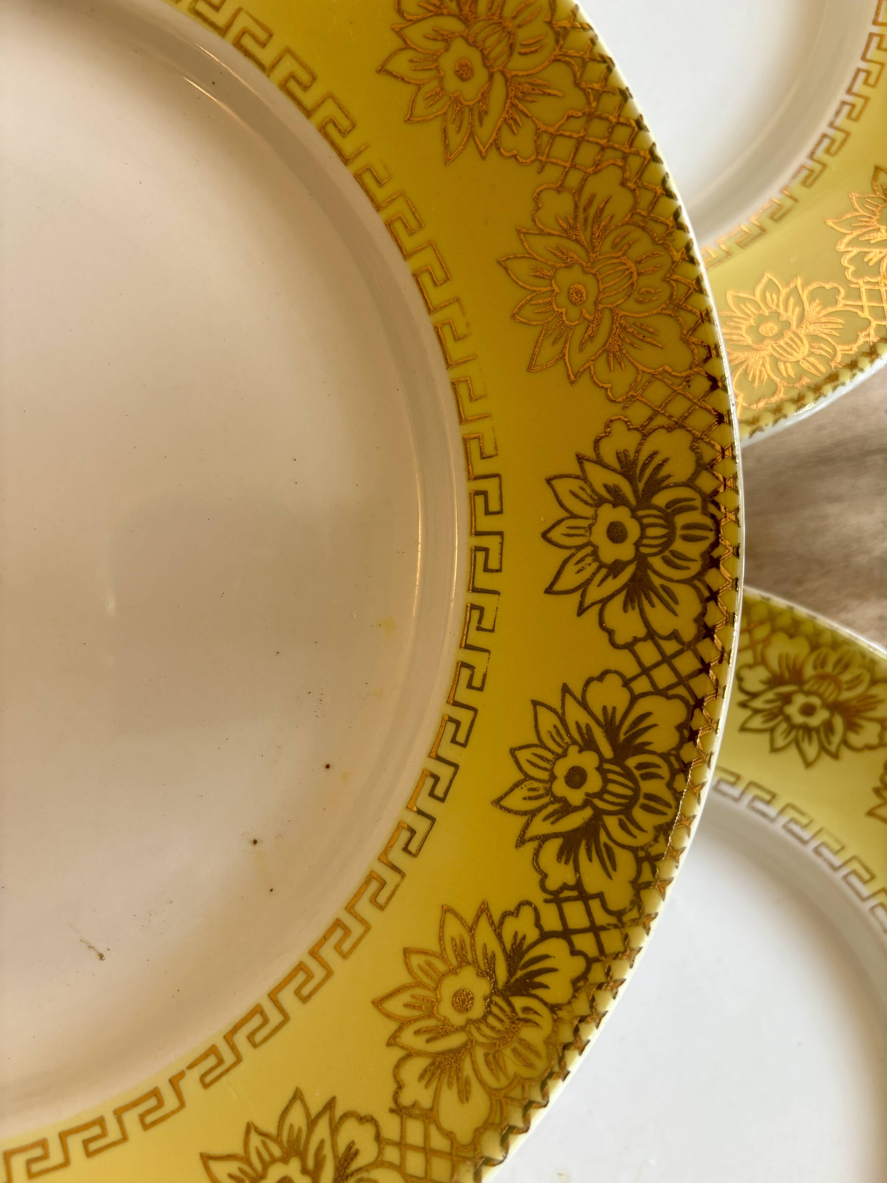 Set of 10 vintage white, yellow and gold dinner plates