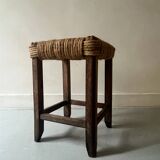 Solid oak stool with woven hemp seat by Audoux Minnet.