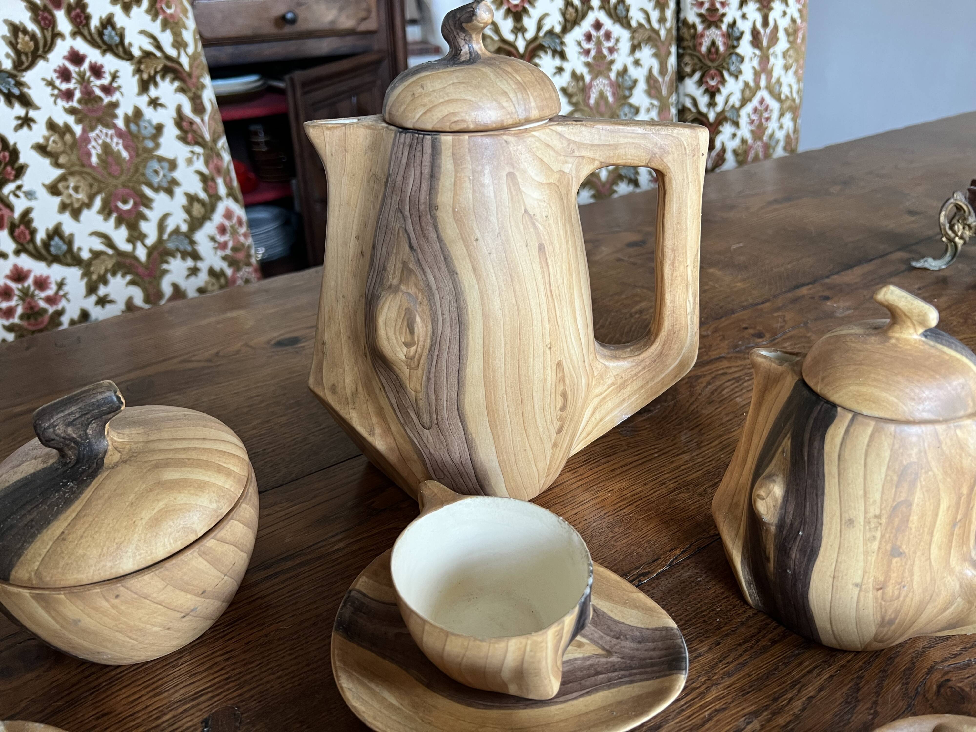 Wooden trompe-l'oeil coffee service – signed Vallauris Grandjean-Jourdan