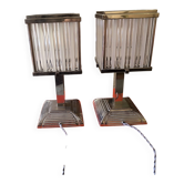 Pair of Art Deco Revival lamps in chrome and frosted glass tubes.
