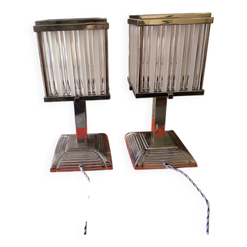 Pair of Art Deco Revival lamps in chrome and frosted glass tubes.
