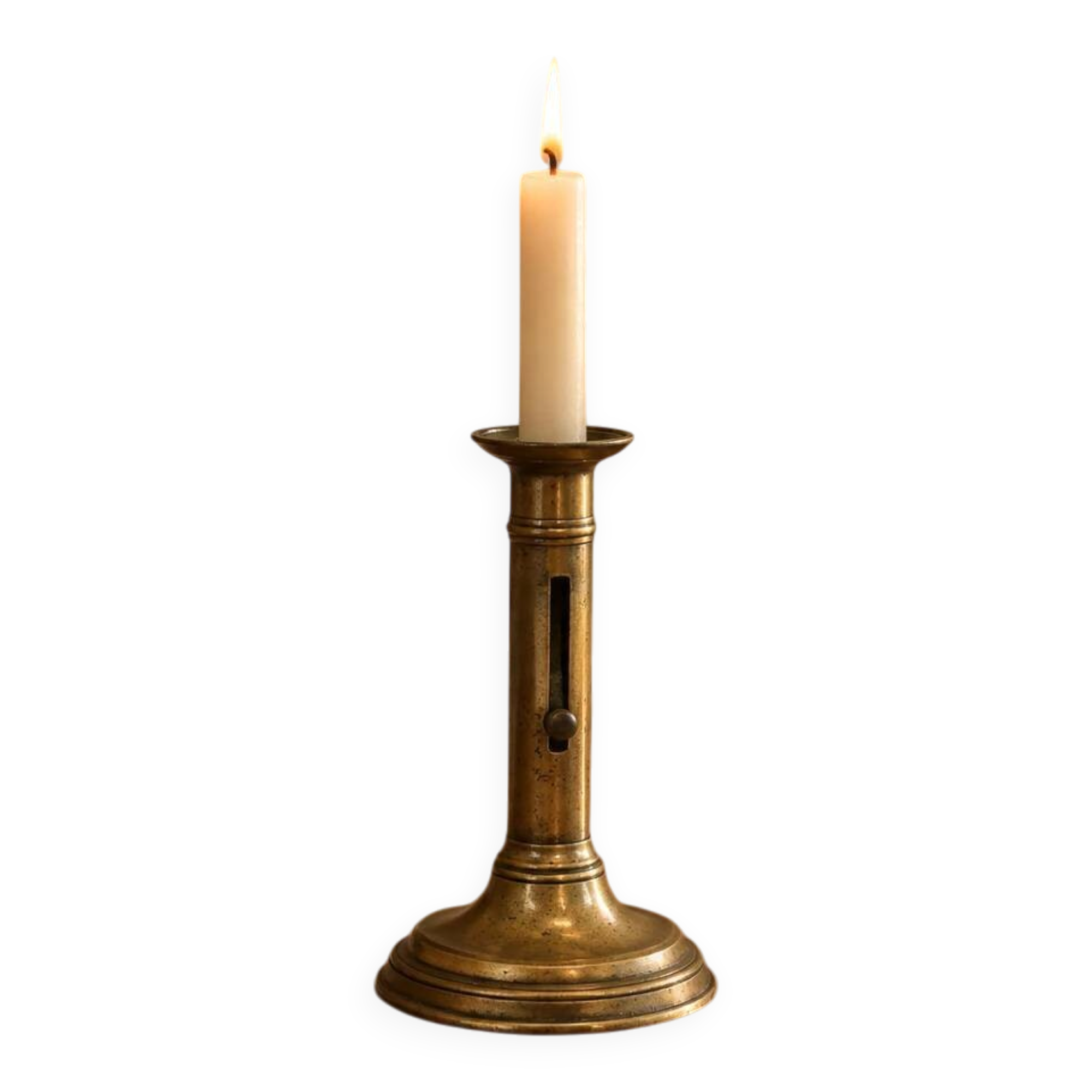 Antique brass push candle holder – vintage patinated candlestick H20 cm