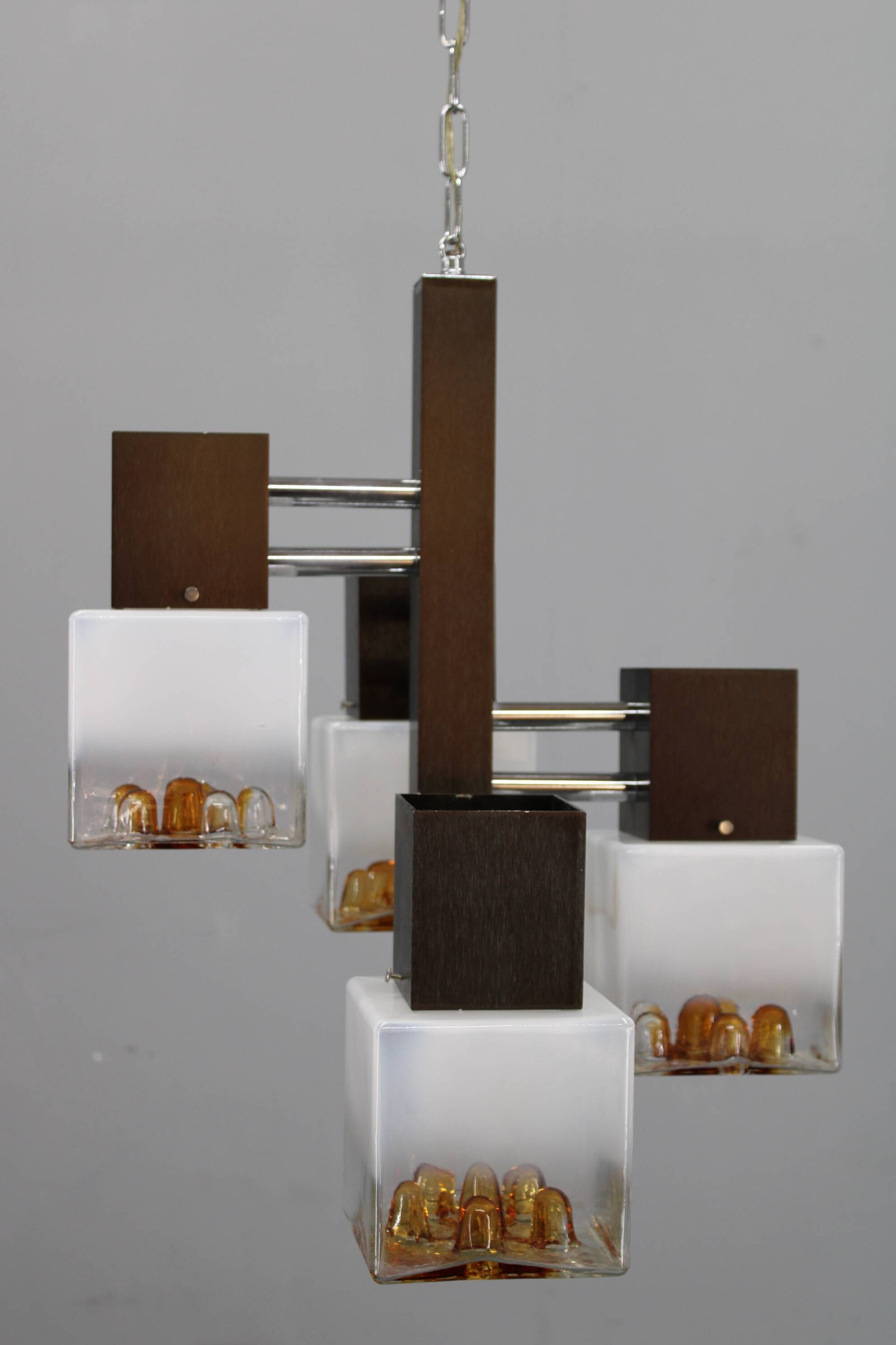 1970s Italian chandelier with Murano glass shades and anodized metal frame