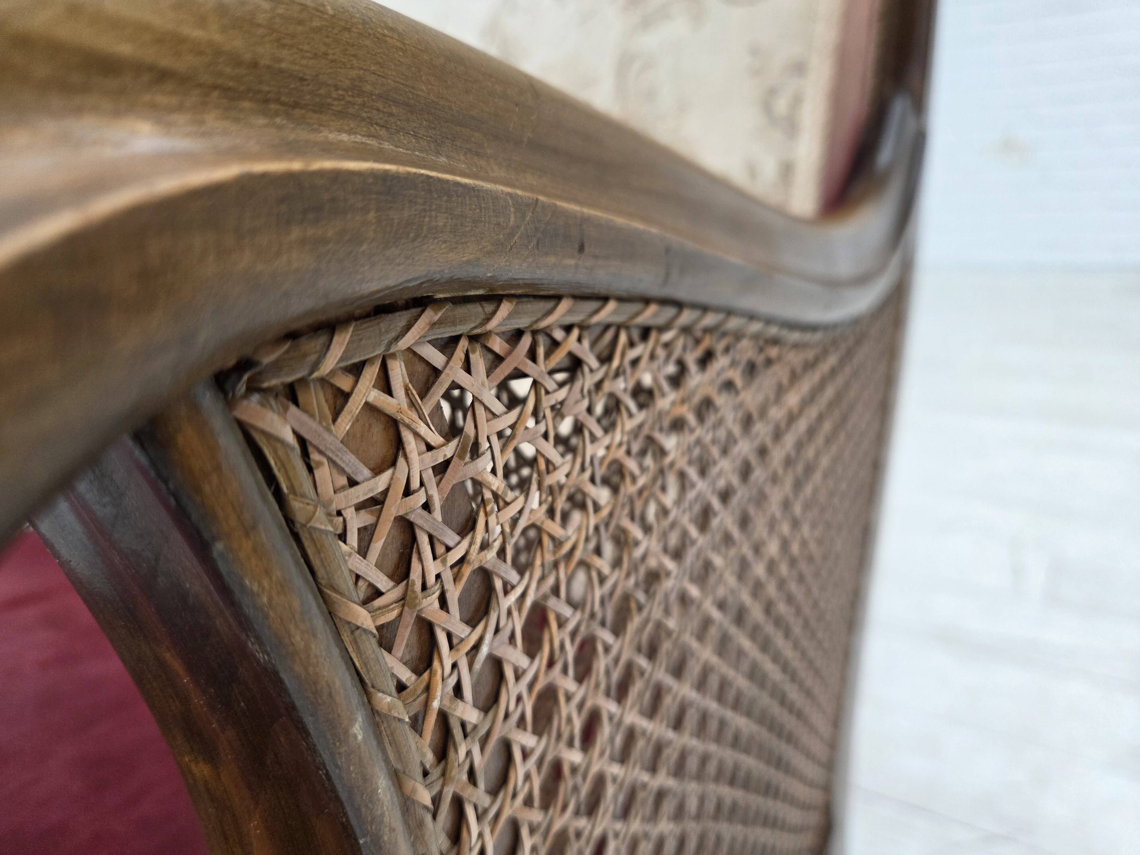 1940s, Danish armchair, woven wool, velour, mesh, carved oak wood.