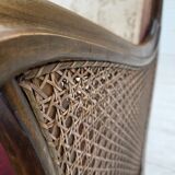 1940s, Danish armchair, woven wool, velour, mesh, carved oak wood.