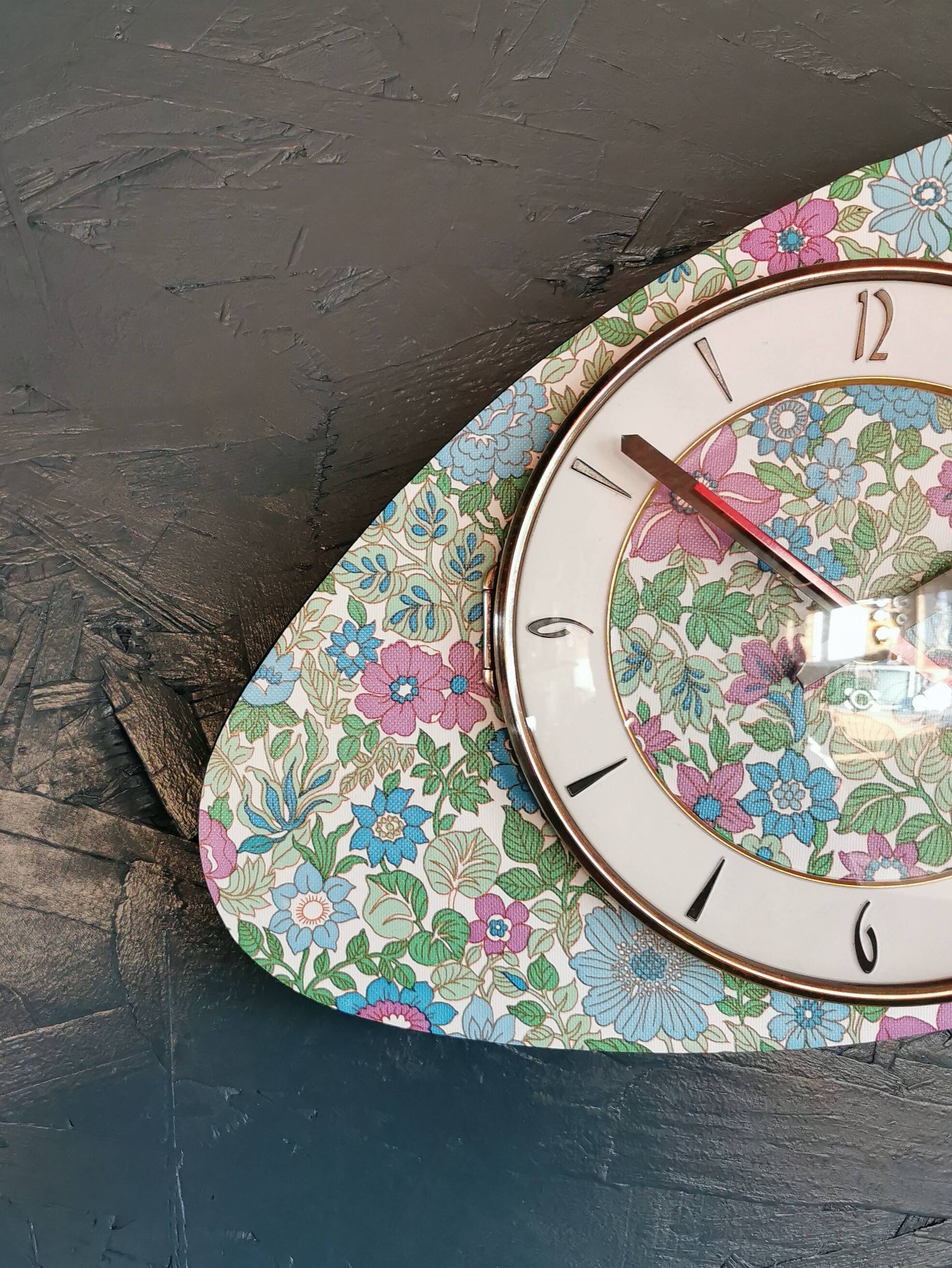 Vintage formica clock silent asymmetrical wall pendulum "Flowered blue purple"