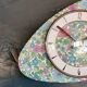 Vintage formica clock silent asymmetrical wall pendulum "Flowered blue purple"