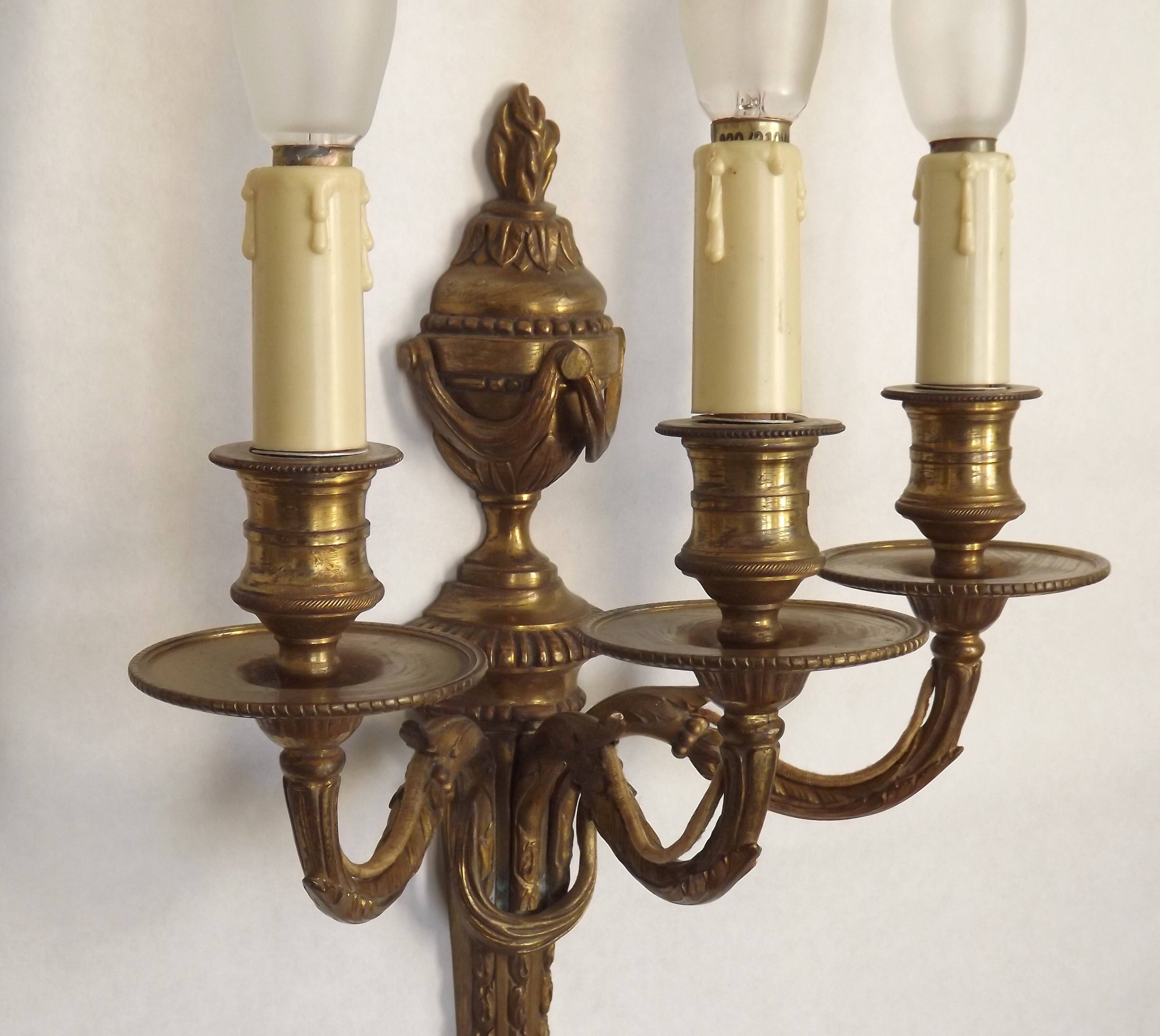 Magnificent Pair French Antique Bronze Triple Wall Lights Urn & Swag Detail